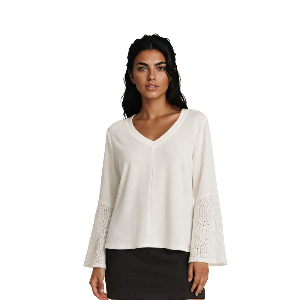 Chicos Knit Top Blouse Women's Size 3 US XL Ivory Bell Sleeve Lace Pullover